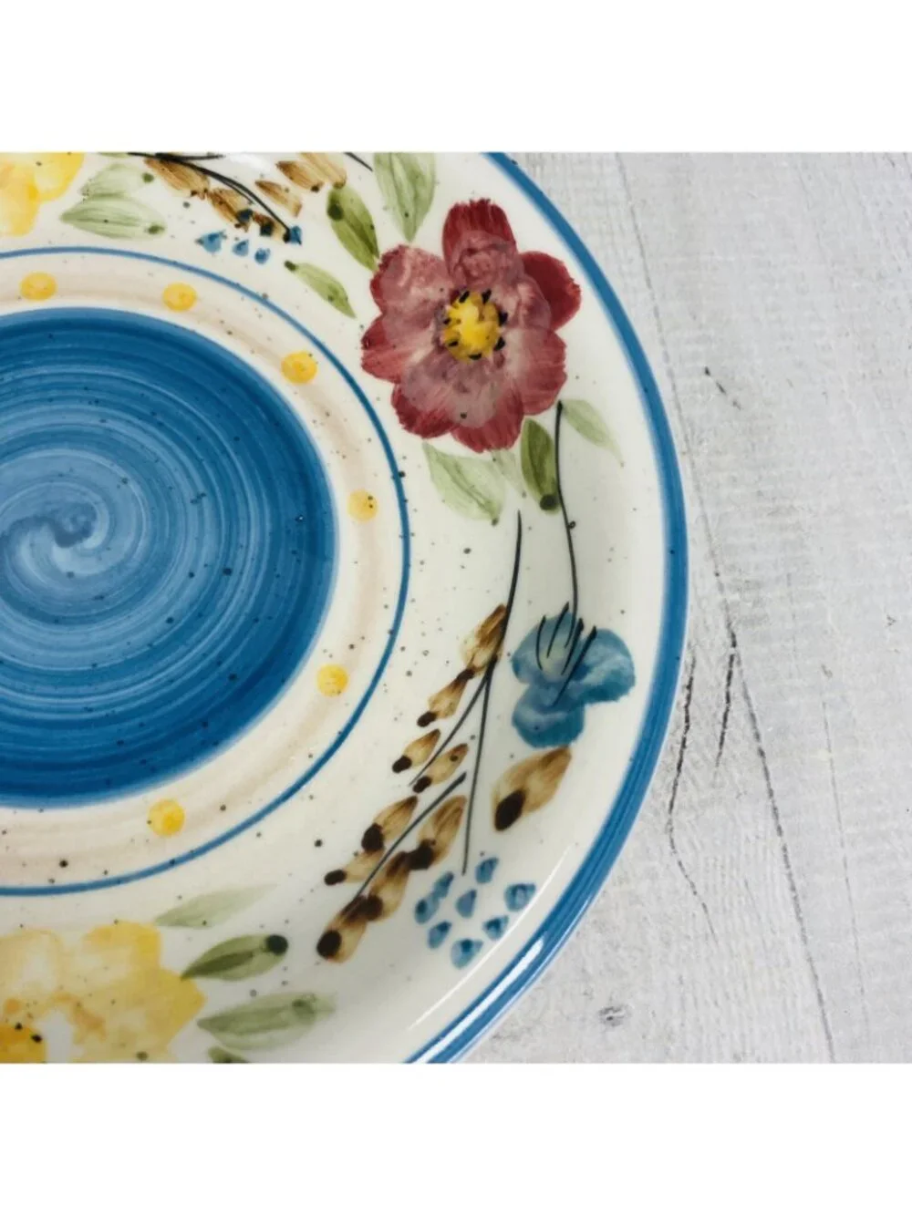 Royal Norfolk FLORAL BLUE CENTER SPECKLED Stoneware Round Salad Plates Set 3